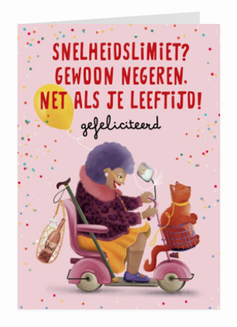 verjaardagskaart dame scootmobiel greetz kat